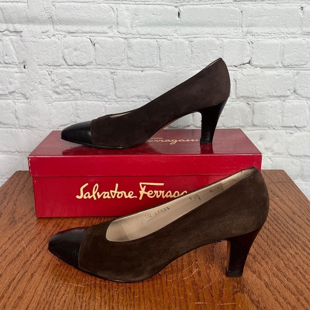 Salvatore Ferragamo 7.5 B Brown Chocolate Suede Leather heels w/animal print toe